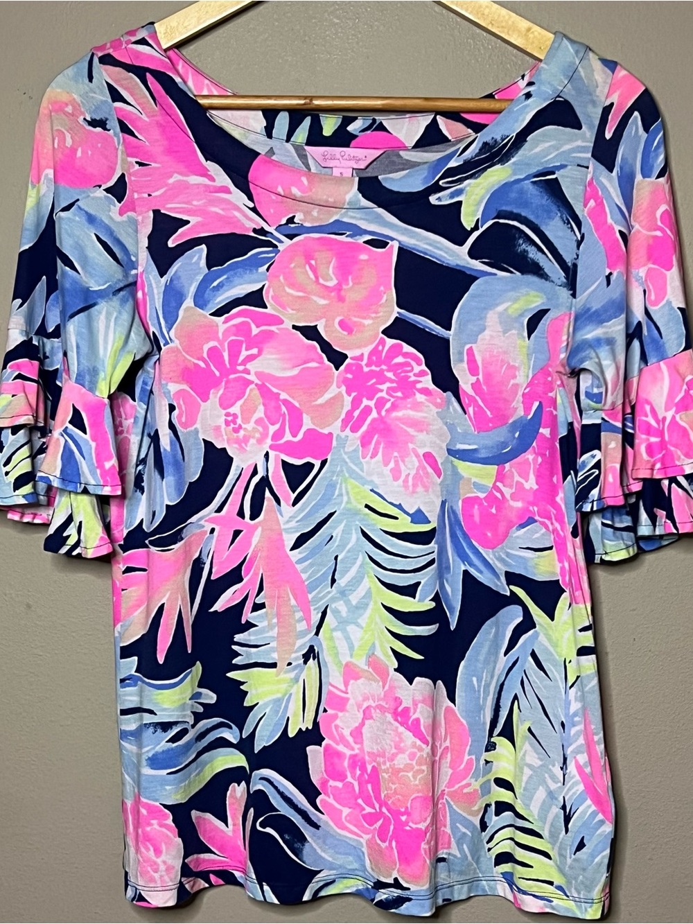 Lilly Pulitzer Floral Ruffle Sleeve Shirt Women Small Pink Green  Pima Cotton
